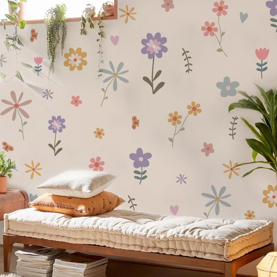Cartoon Flowers Wall Stickers for Kids Room Nursery Wall Decor Bedroom Wall Decoration PVC Decals Art Murals Removable Sticker