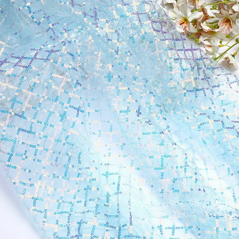 Manufacturer Wholesales Iridescent Fluorescent Sequin Fabric Checkered Embroidery Fabric Children's Clothing Skirt Fabric