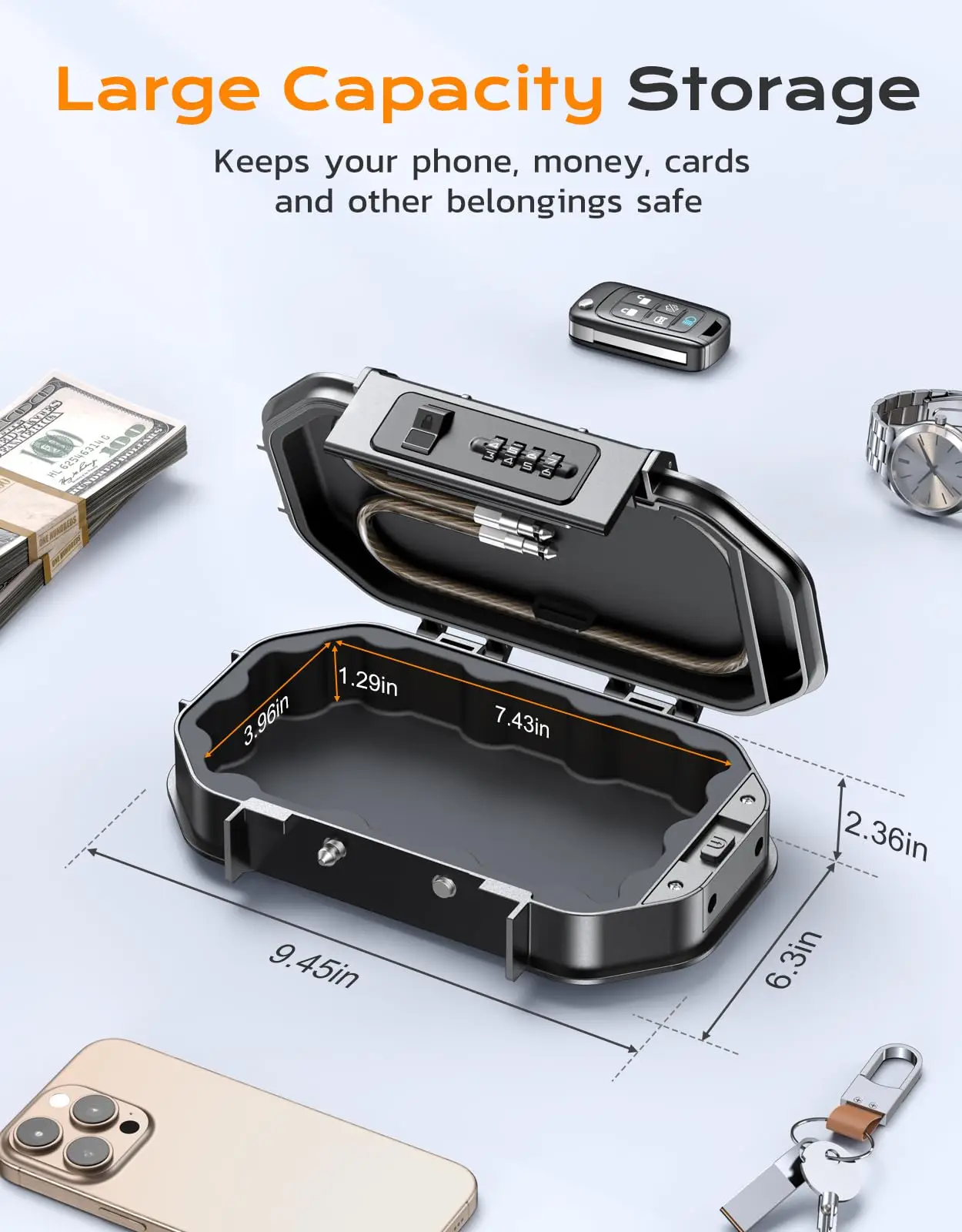 Travel Safe Lock Box Waterproof 4-Digit Combination Anti-Theft Personal Beach Safe with Removable Steel Cable Security Case