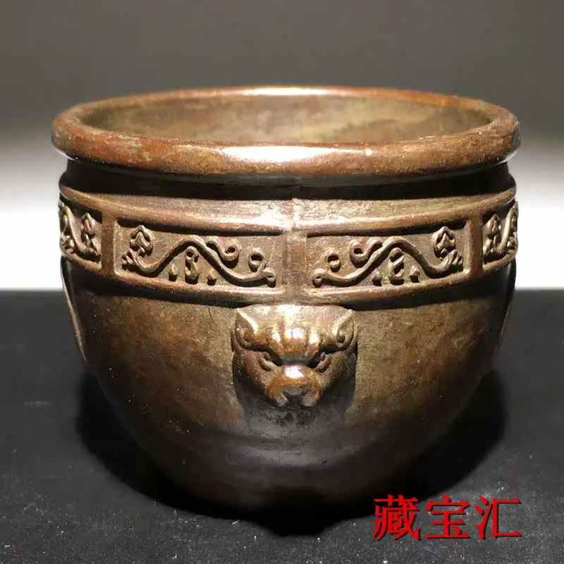 Antique Vintage Ming Dynasty Xuande Fortune Attracting Double Sided Relief Tiger Head Copper Jar Feng Shui Wealth Decor Statue