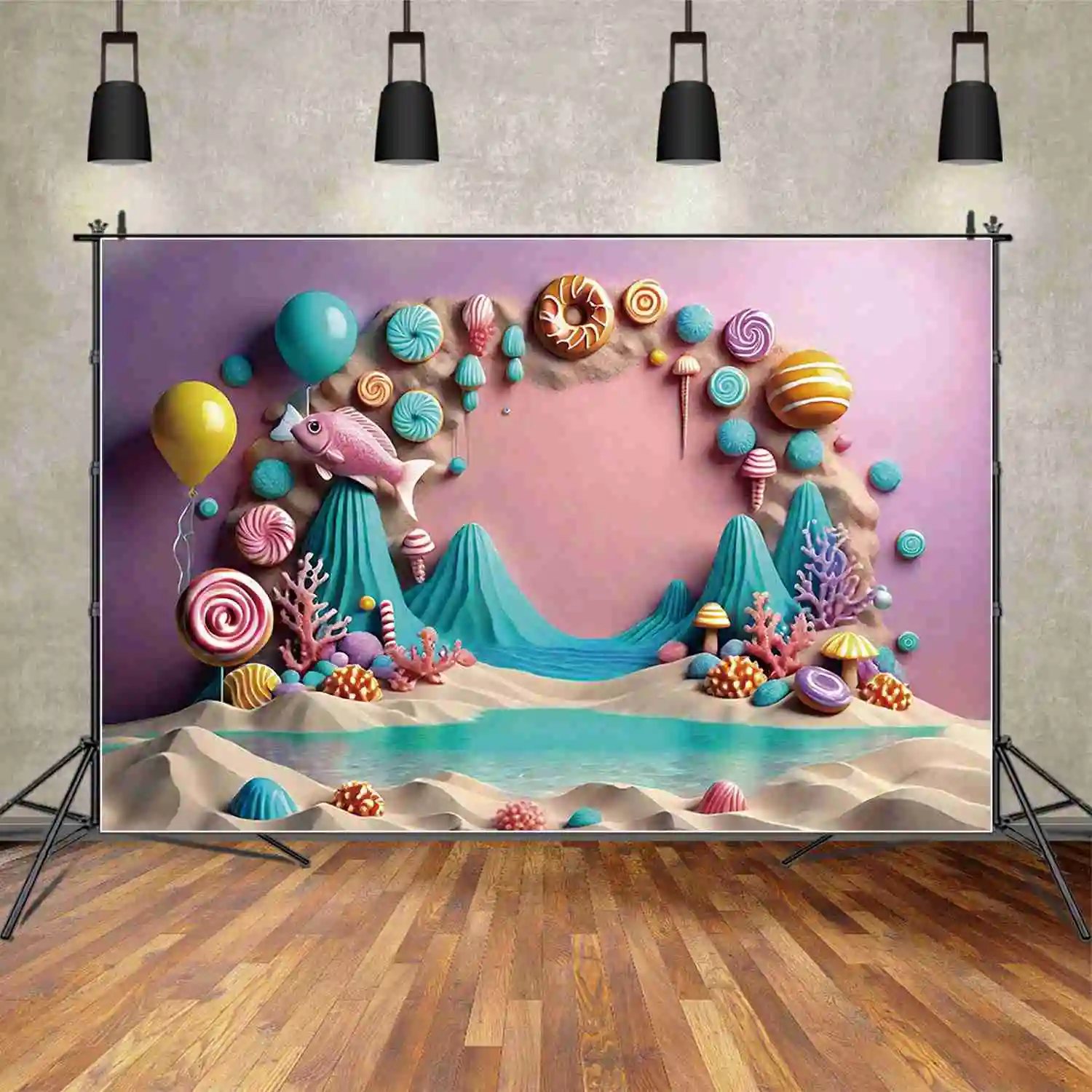 

MOON.QG Ocean Mountain First Birthday Background Girl Candy Beach Island Backdrop Custom Party Decoration Photozone Props