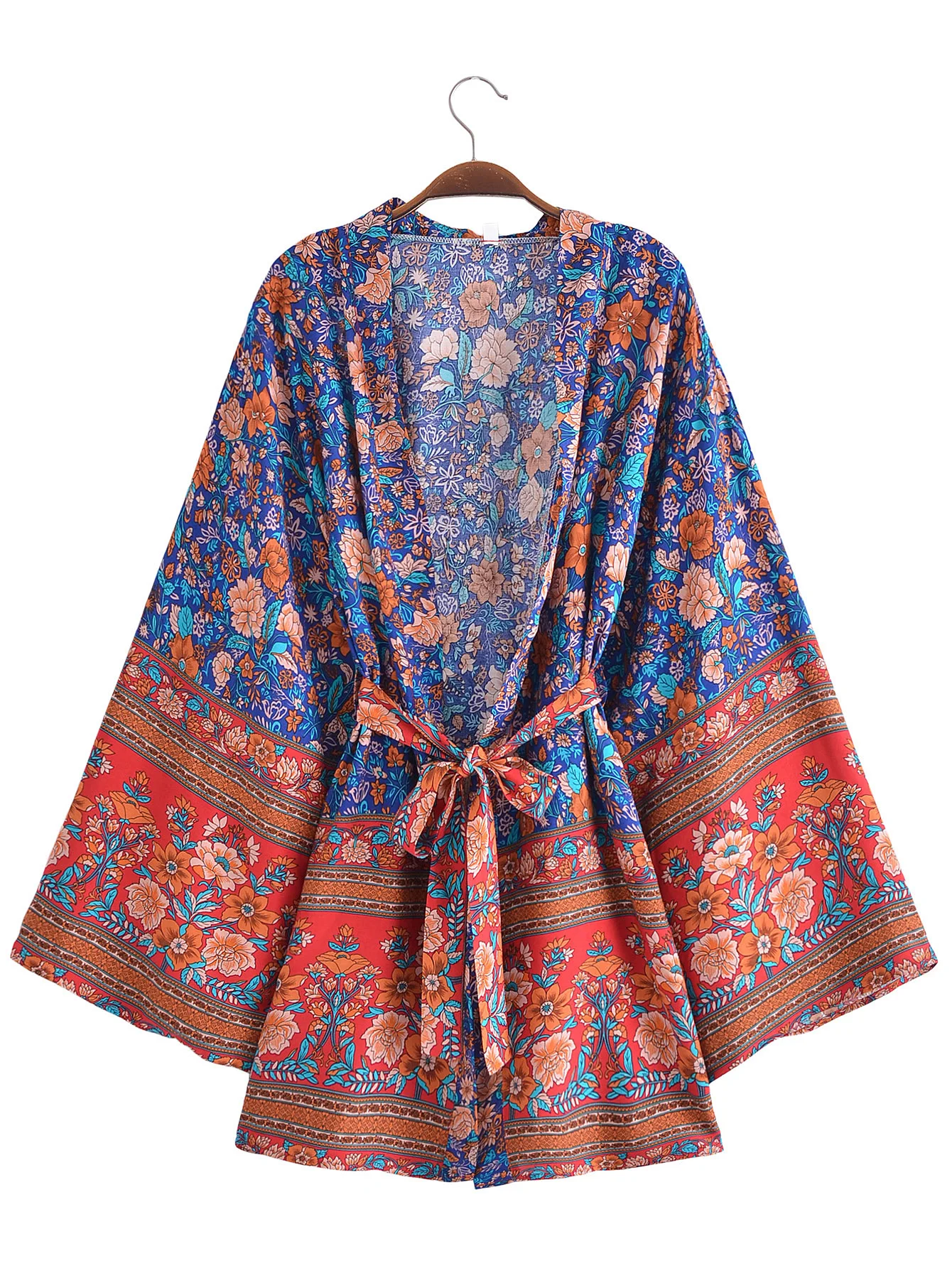 2022 BOHO Women Contrast Flower Print Kimono Shirt Holiday Tide Bow Sashes Mid Long Cardigan Summer Blouse Cotton Beach Tops