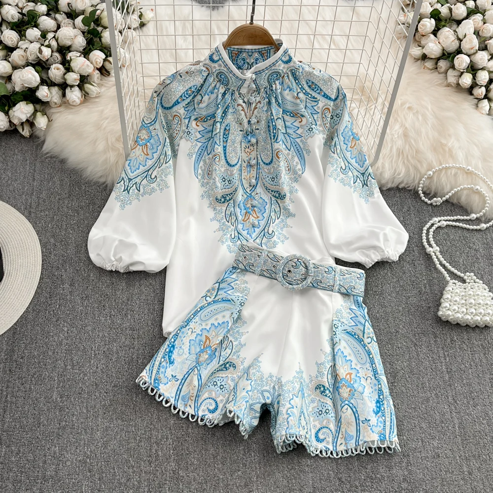 

Женский роскошный зимне-осенний дворцовый винтажный комплект, костюм с принтом, рубашка с поясом, шорты, женский элегантный костюм для ужина, банкета, вечера