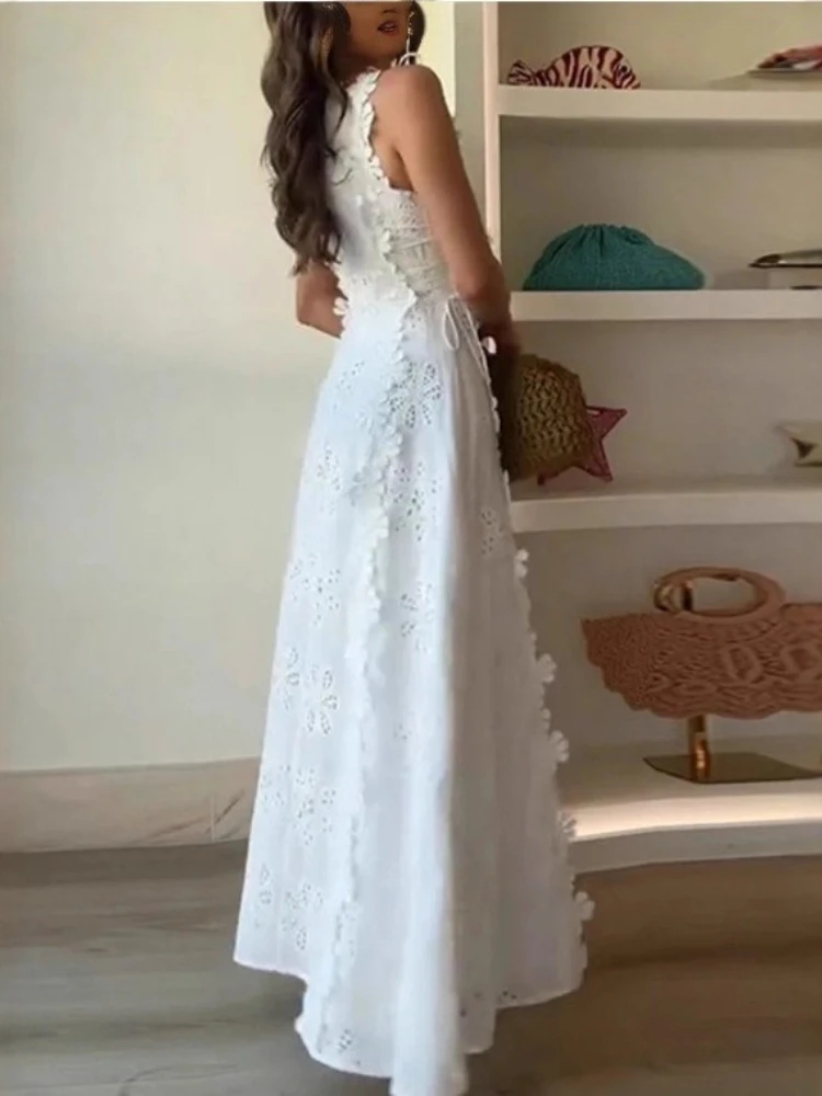 New Women's Lace 3D Three-dimensional Lace Strap Slim Long Dress for Dinner Party Round Neck Sleeveless Elegant White Dress