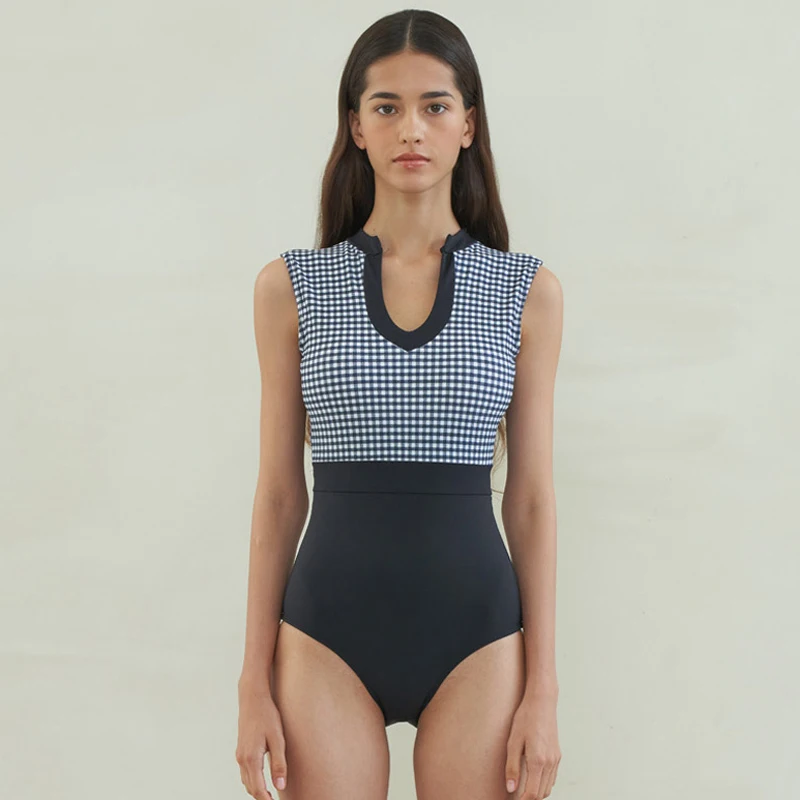 

New Japanese Checked Backless Sexy Slimming High Waisted Belly Covering Slimming Contrast Color One Piece Swimsuit for Women