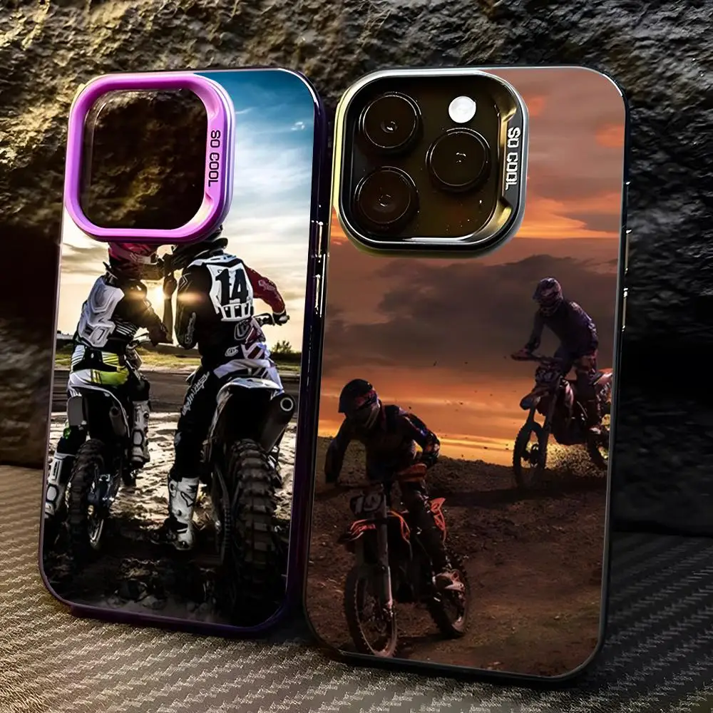 Moto Cross Motorcycle Phone Case For For IPhone 16 Pro Max 15 Pro 14 Plus 12 13 X XS Max XR 11 Pro Colorful Silver Cover