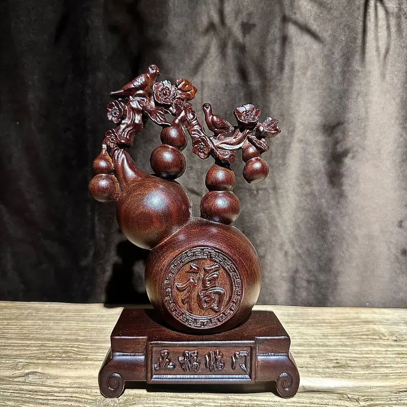 Ebony gourd ornament, rosewood carving, five blessings come to the home, living room decoration, magpie perching on plum blossom