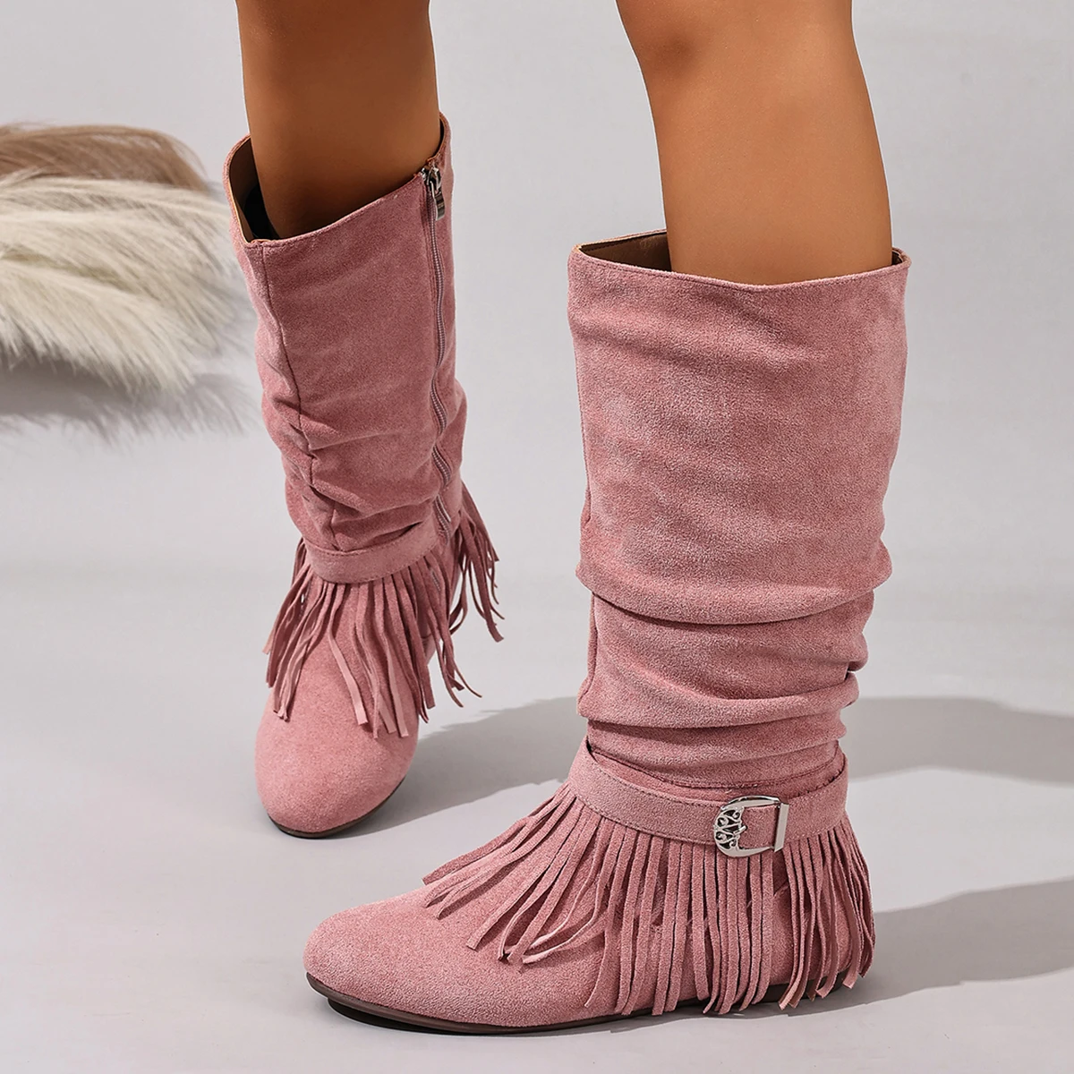 

Pink Fringe Side Zipper Mid Calf Boots, Suede Metal Buckle Strap Slouchy Ankle Booties for Women, Flat Round Toe Casual Comforta