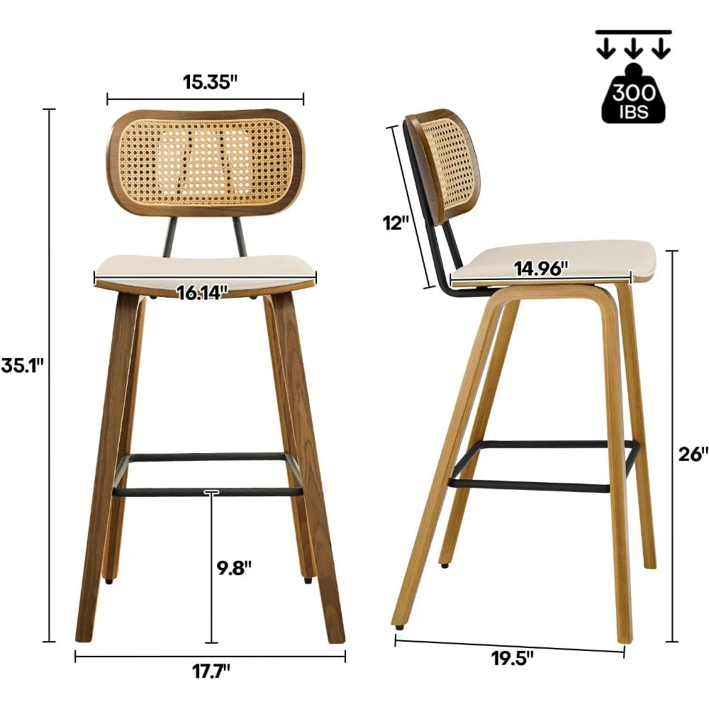 Juego de 3 taburetes de mostrador modernos de mediados de siglo, taburete de cocina de madera de 26 ", taburete tapizado de cuero PU con respaldo de ratán