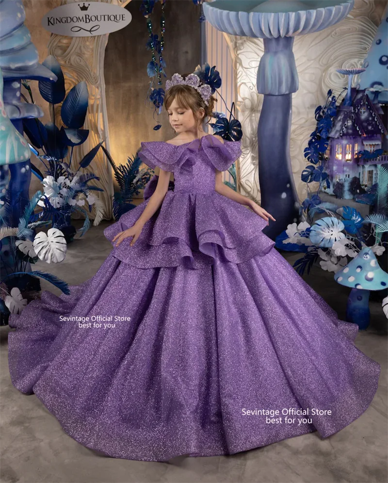 Sevintage Abiti da ragazza di fiore viola Bambini con spalle scoperte Abiti da festa di compleanno Abito da ballo a strati Abito da sposa personalizzato