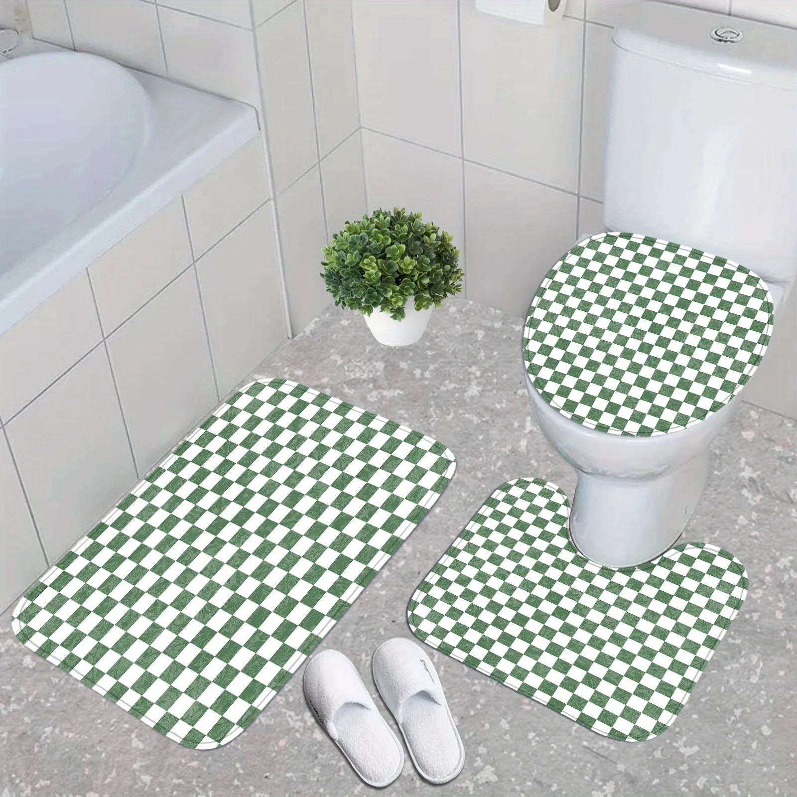 

3 Piece Green Checkered Bathroom Rug Set Non Slip Absorbent Bath Mat Toilet Lid Cover Floor Carpet Home Decor Accessories