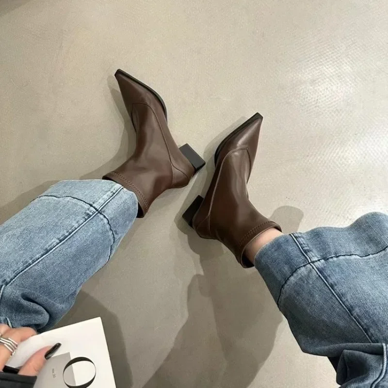 2024 Quality Ankle Women Boots Autumn New Modern Boots Elegant Solid Slip on Lady Shoes Sexy Pointed Mid Heels Street Punk Shoes