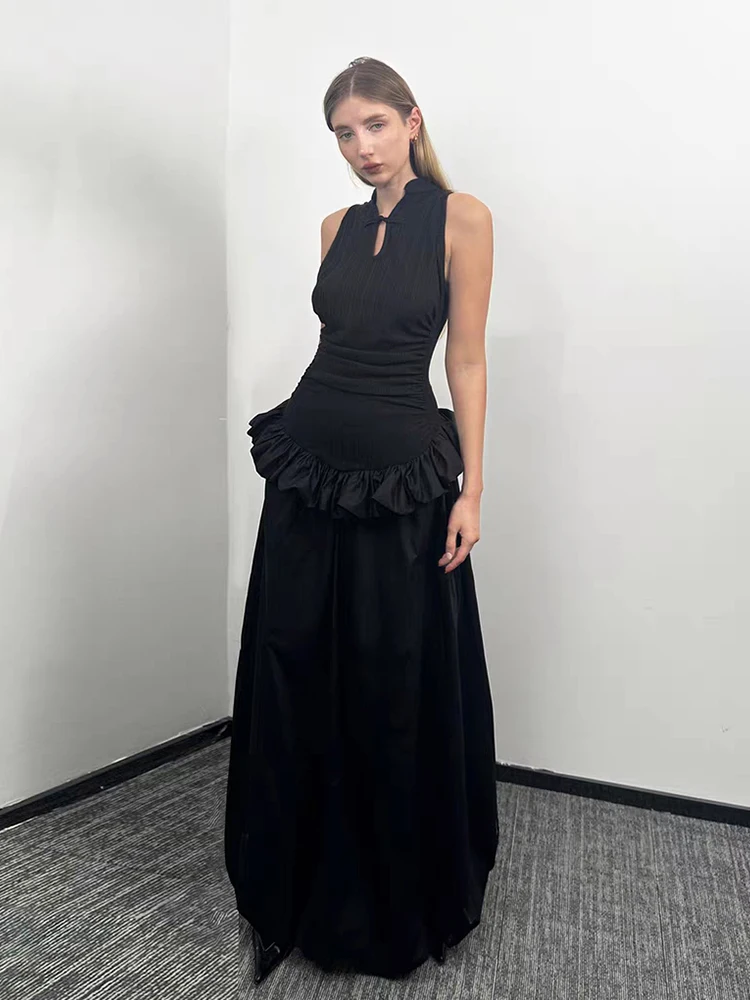 RORORIRI ネオ中国女性カットアウトタンクロングドレスノースリーブスリムストレッチリブニットスプライシングふわふわマキシドレス Grayu レトロ服