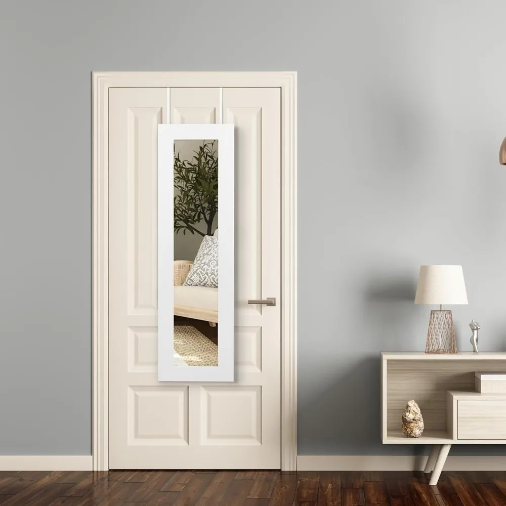 Jóias Organizador com Corpo Inteiro Espelho, Mind Reader, Armório de Armazenamento, Wall Mount, Madeira, Branco, 12,5 polegadas, L x 3,5 polegadas, W x 43,5 polegadas, H