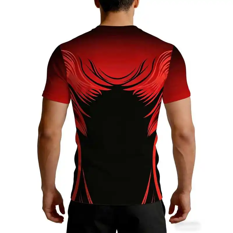 Mecha Functional Style Men's Gym Workout T-Shirt Weightlifting Running Cycling Strength Training Top Red Black Gradient Wing