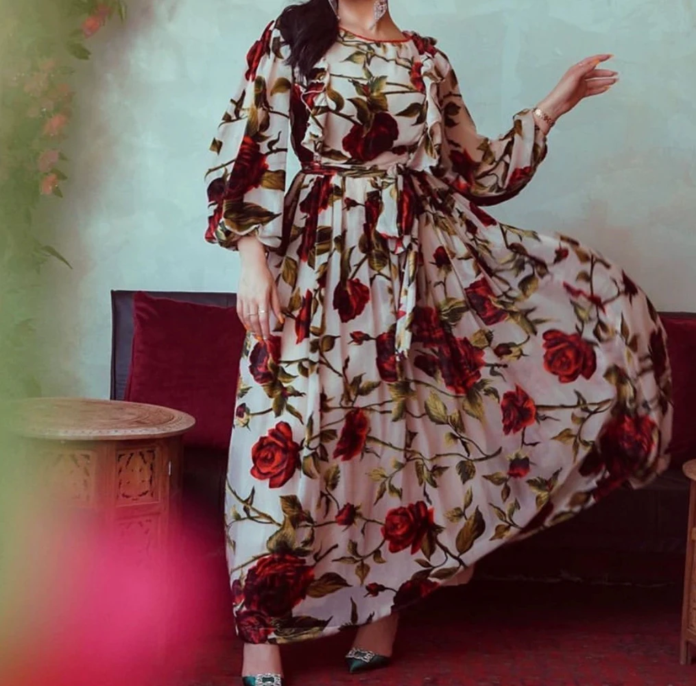 

Middle Eastern Turkish ruffle rose print bohemian dress muslim-GZXX658