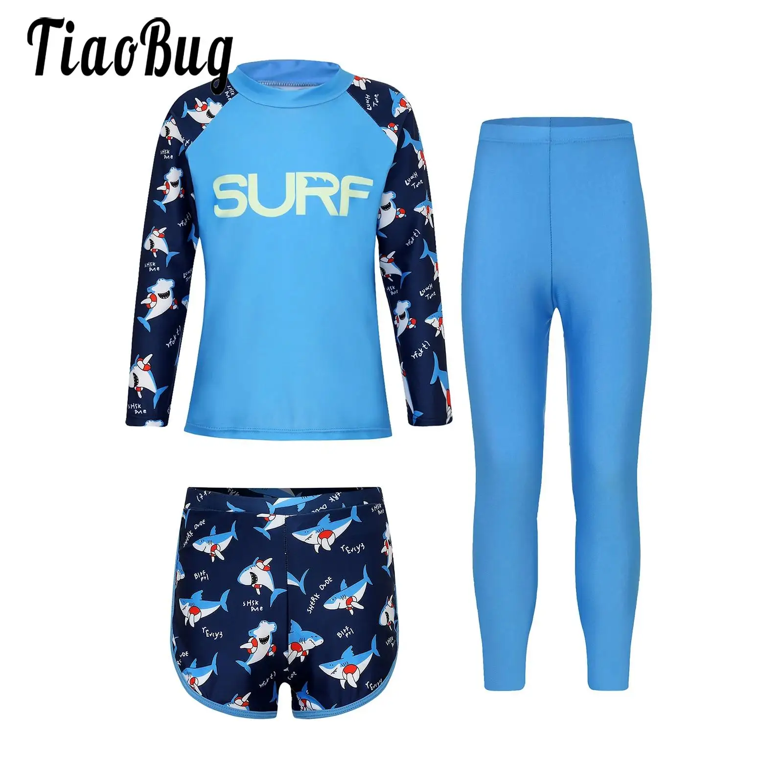 Kids Girls Boys Swimsuit Long Sleeve Swim Top and Shorts Swim Pants Set Rash Guard Bathing Suit Water Park Swimwear for 3Y-12Y