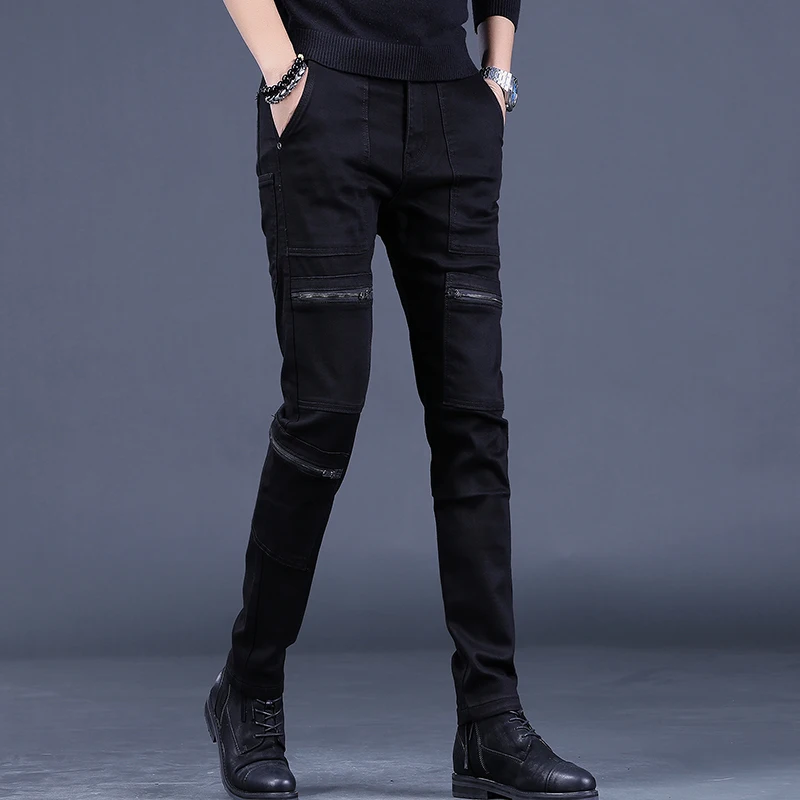 Autumn Zipper Black Jeans Men Multiple Pockets Slim Fit Straight Pants Streetwear Casual Stretch Denim Trousers