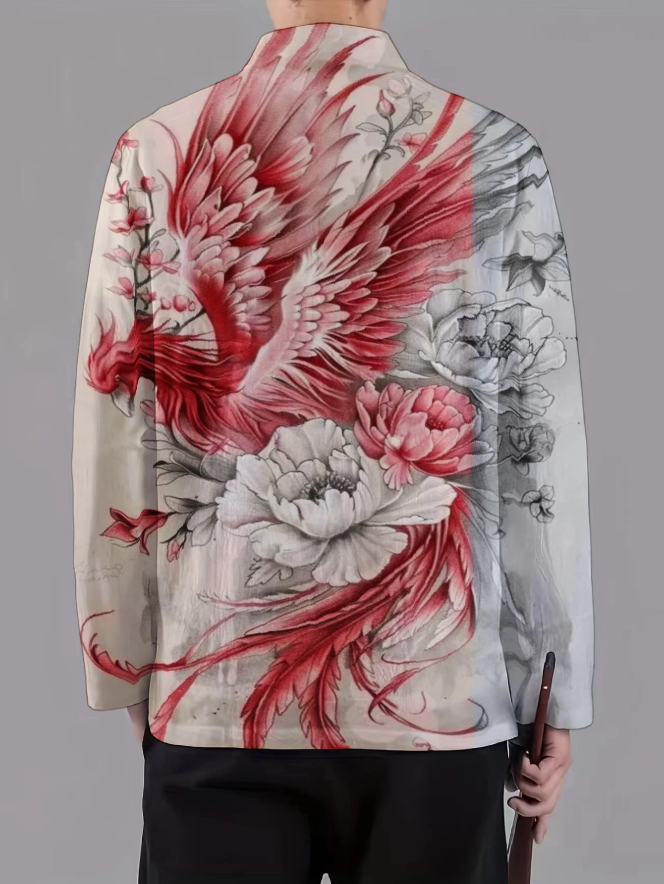 Men Mandarin Collar Frog Button Jacket Phoenix Floral Ink Art Print Traditional Outerwear