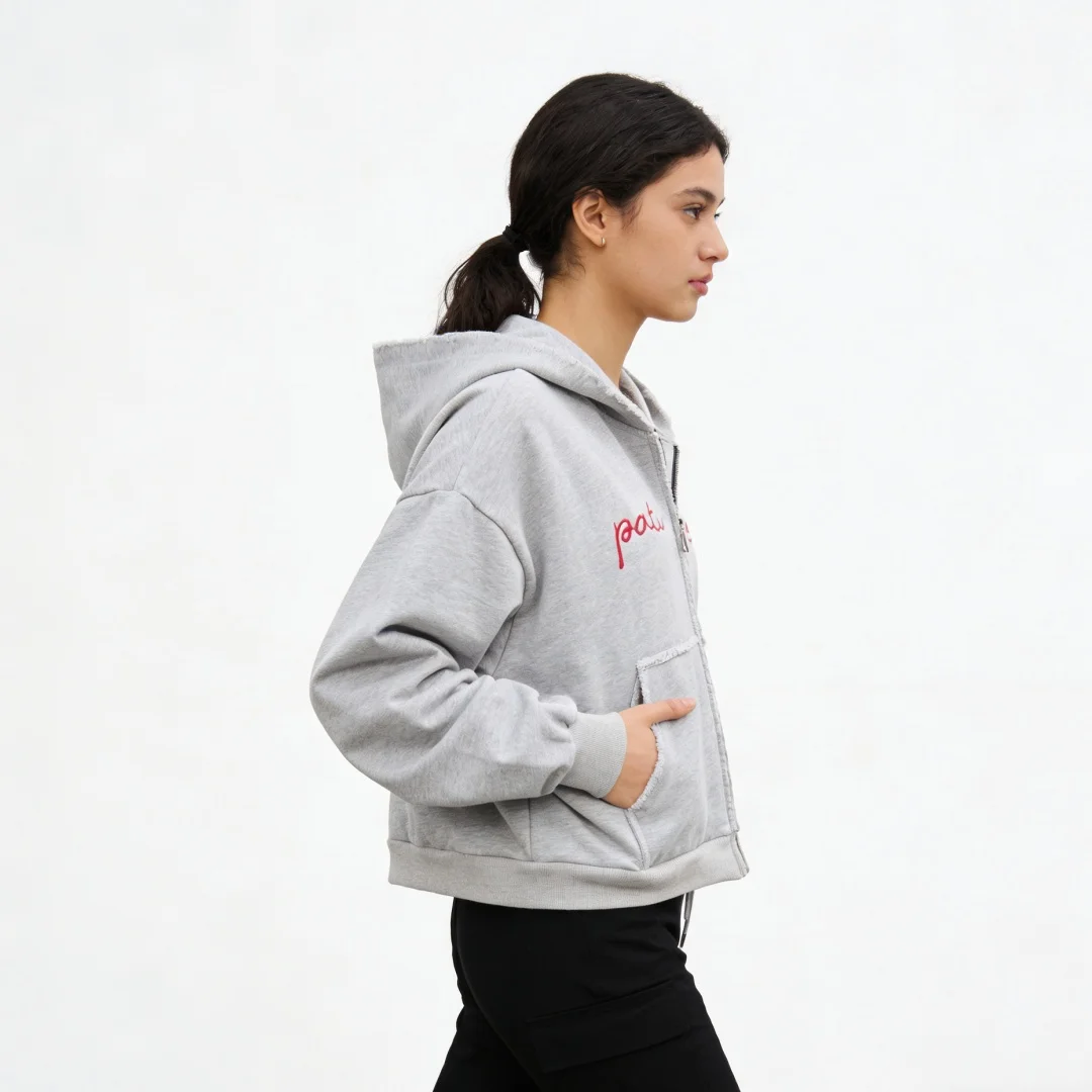 Retro Embroidered Zipper Hooded Sweatshirt Long Sleeve Pullover Street Style Vintage Aesthetic Casual Daily Wear Cozy Jacket