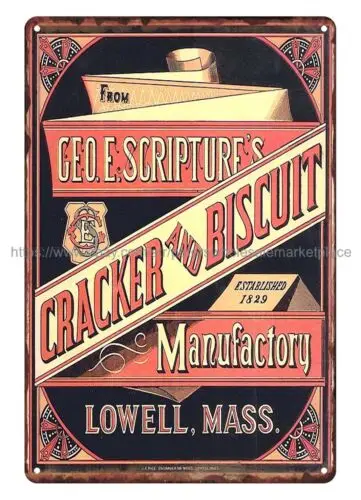 cracker and biscuit manufactory lowell, mass metal tin sign outdoor art decor