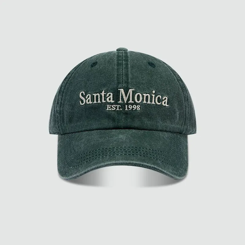 Vintage Washed Denim Baseball Cap Santa Monica Est 1998 Embroidered Adjustable Strapback Hat Unisex Retro Streetwear Casual