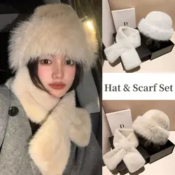 1Set Warm Winter Hat And Scarves Fluffy Fur Fisherman Hat For Women Plush Snood Scarves Solid Color Neck Collar Warmer Fur Hat