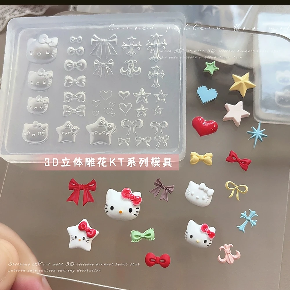 Kawaii 3d olá kitty esculpido molde de arte de unha adesivo y2k cabeça de gatinho bownot cruz coração design unhas estênceis decalques diy ferramentas de unhas