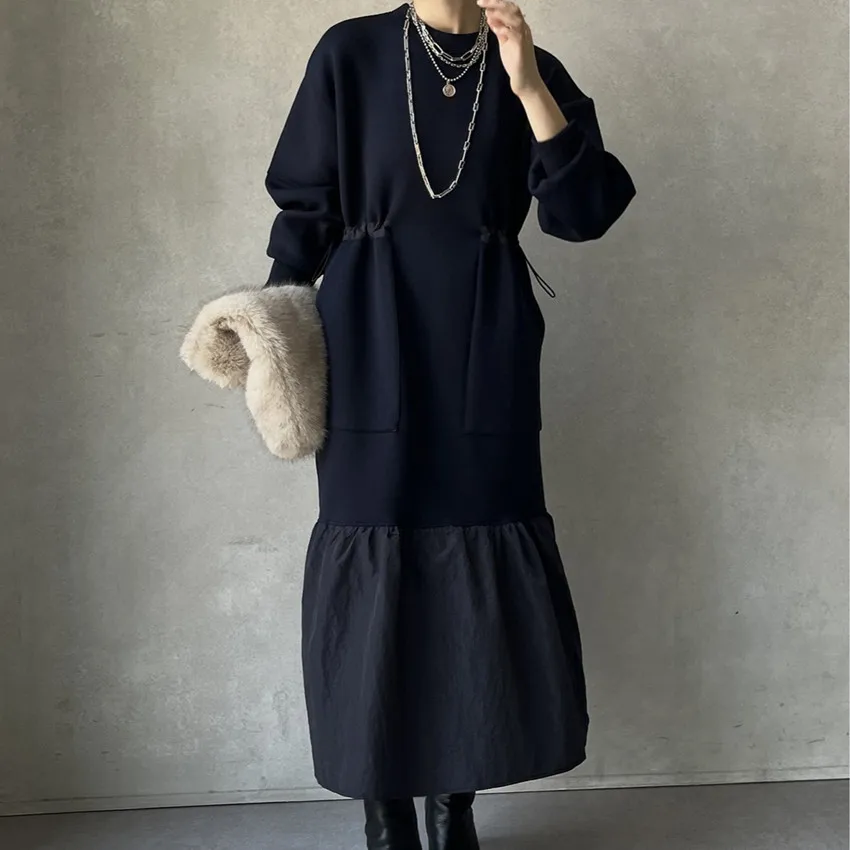 

Новинка 2024 года, весенняя свободная длинная одежда больших размеров, повседневная модная женская одежда с круглым вырезом и раздельными рукавами, завязками на талии, платье с большими карманами, халат