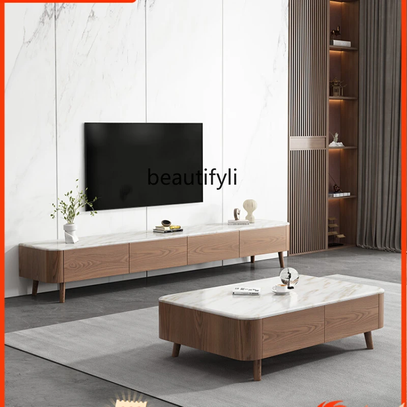 Marble Coffee Table TV Stand Combination Home Nordic Living Room Solid Wood Floor Cabinet Wall Cabinet