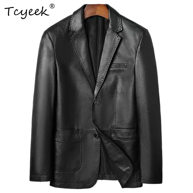 

Tcyeek Верхний слой из коровьей кожи со съемным гусиным пухом, осенне-зимний костюм с воротником, мужская куртка из натуральной кожи Куртка Кожаная Мужская