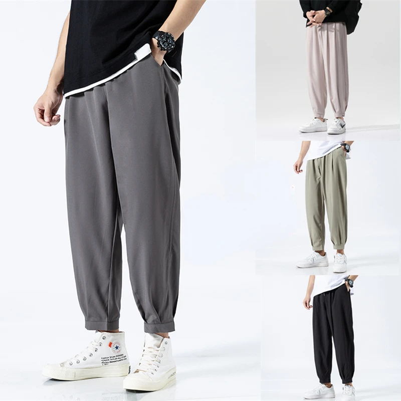 New Ice Silk Casual Pants Men's Trousers Loose Quick Dry Trousers Summer Ultra-thin Style Nine Points Pants