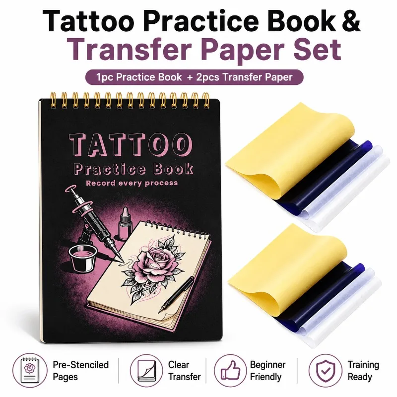 Tattoo Practice Skin Book Set with 2 Transfer Papers Pre Printed Designs for Beginners Starter Tattoo Supplies