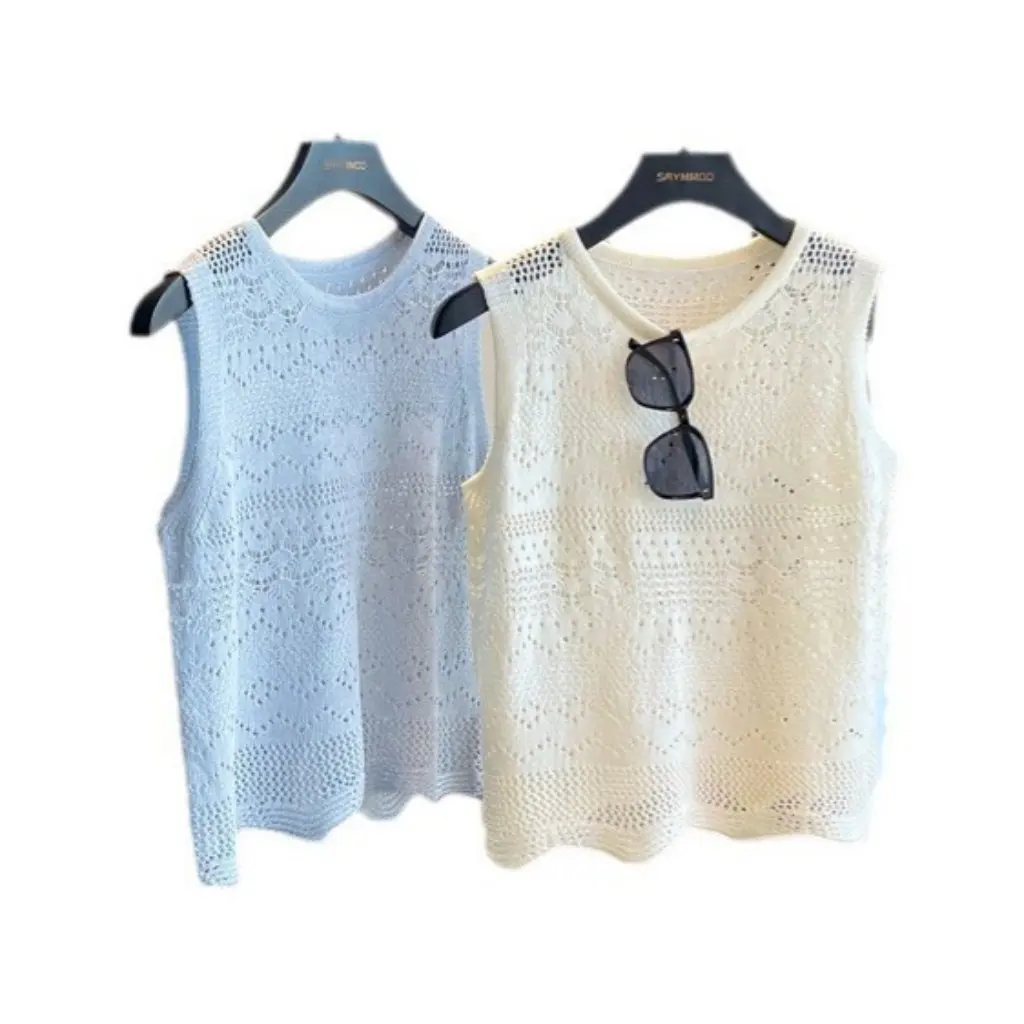 

Summer Vintage French Style Casual Knitted Vest Simple Hole Hollow Design Elegant Women's Open Cardigan F072510