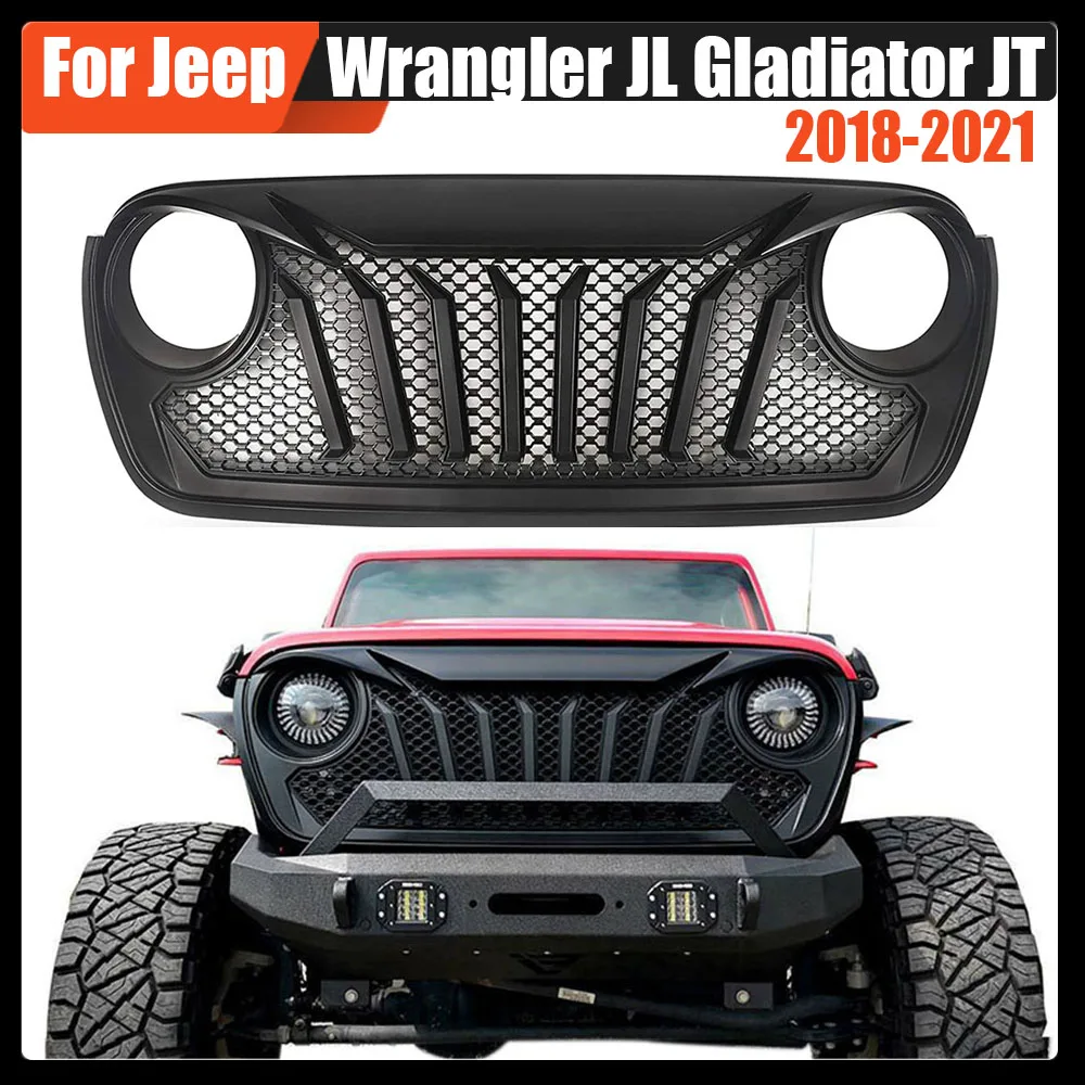 

For Jeep Wrangler JL Gladiator JT 2018-2021 Racing Grille Bumper Upper Grills Mesh Cover Wiht LED Light Exterior Accessories