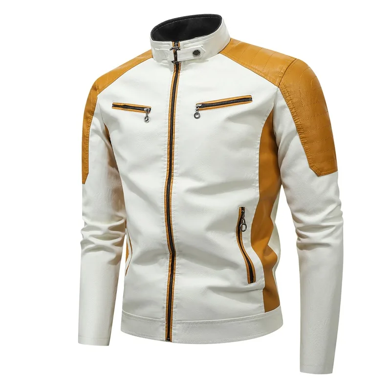

Spring Autumn Motorcycle Jacket Men Casual Patchwork Contrasting Leather Coat Fashion Handsome Stand Collar Retro Leather Jacket