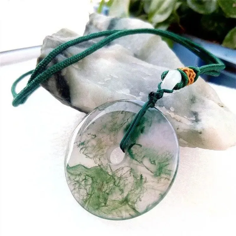 Natural Aquatic Plant Agate Peace Buckle Pendant Round Chalcedony Moss Agate Jade Pendant Women's Boutique Ornament