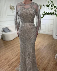 Luxury Silver Muslim Mermaid Prom Dresses Tassel Beaded Evening Dresses New Formal Occasion Wedding Party  Gowns For Women 2024