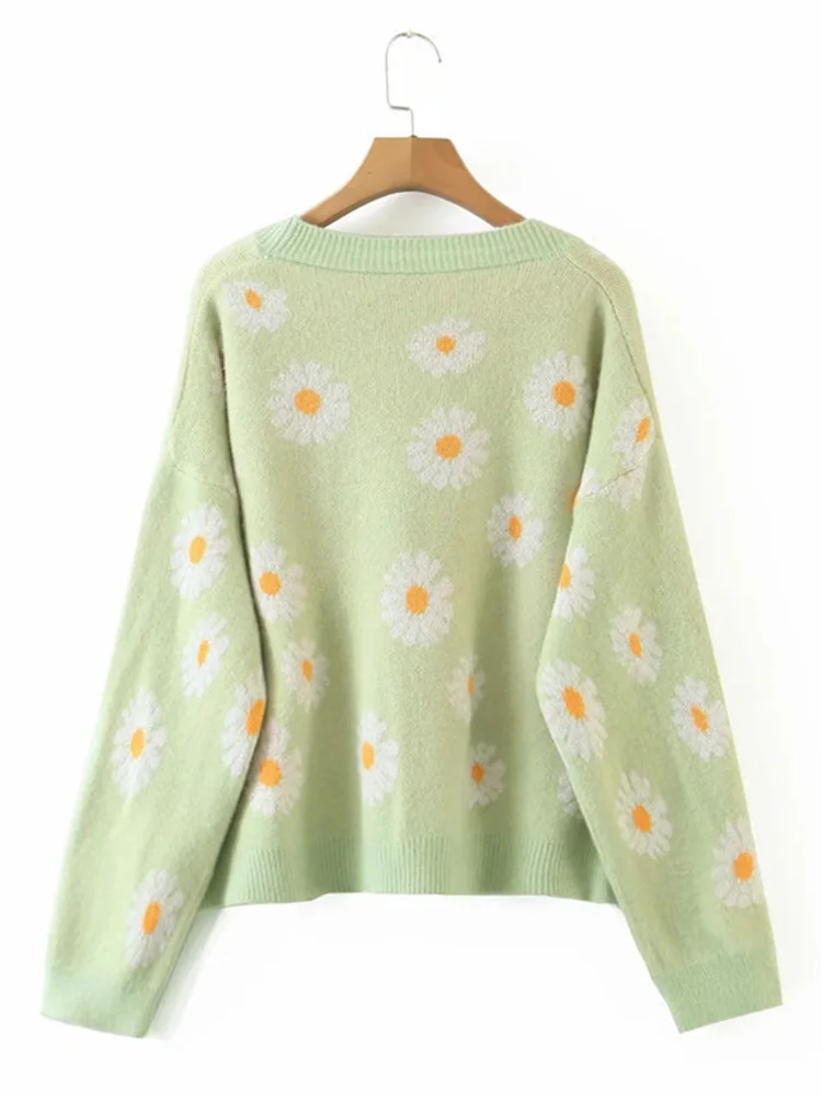 Korean Autumn Clothes Women V Neck Sweater Cardigan Autumn Winter Daisy Knit Sweaters Oversized Knitted Coats Cardigans Floral