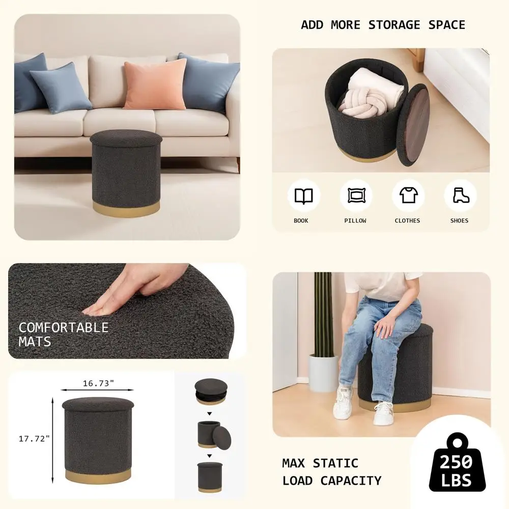 

Круглая пуфик для хранения вещей с золотой основой и съемным подносом из шерпа, темно-серый, 16,7x16,7x17,7 для общежития