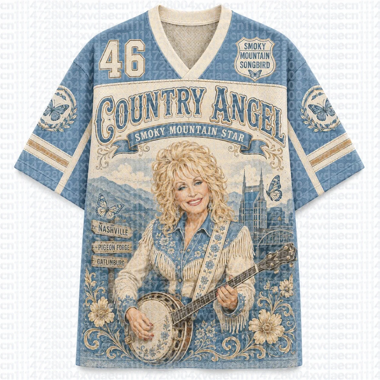 Vintage Western Country Music Jersey, Tennessee Darlin Retro Microphone Heart Floral 3D Print V-Neck Unisex Oversized Streetwear
