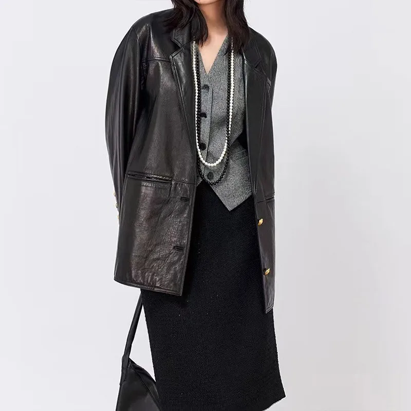 Giacca nera Vintage per donna nuovo Blazer in pelle oversize sciolto ad alto senso cappotto Casual femminile Streetwear