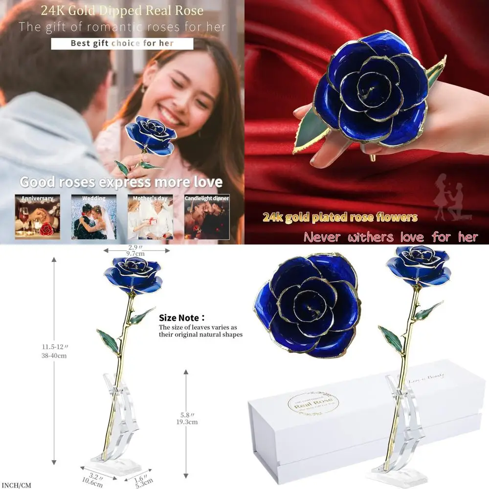 

24K Gold-Plated Real Long Stem Rose for Birthday Gift, Blue with Elegant Stand
