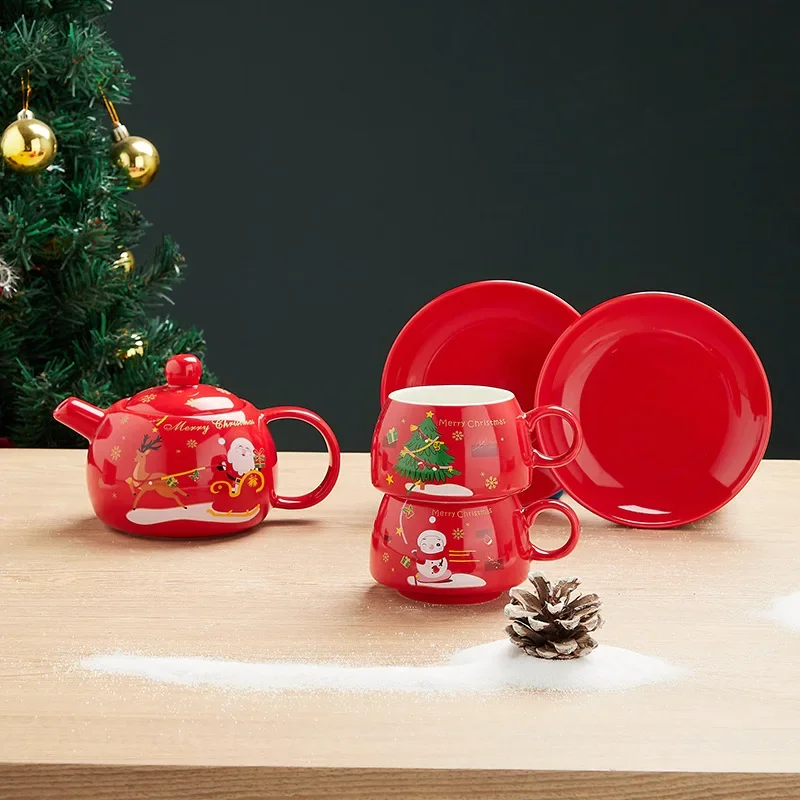 Christmas Teaware Set Ceramics Christmas Gifts One Pot and Two Cups Teapot Set