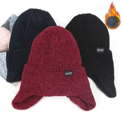 Winter Outdoor Men Knitted Hat Plush Warmth Peaked Cap Earmuff Casual Fashion Faux Fur Lined Bomber Hats Cycling Ear Protection