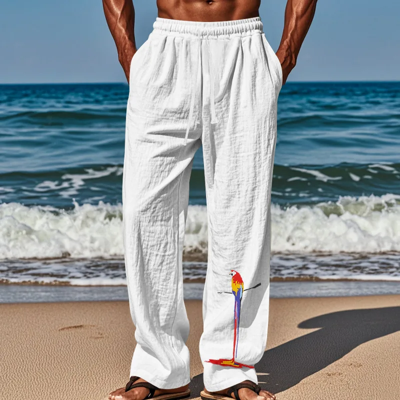 

Spring and Autumn Linen Pants Men's Parrot Hot Printing Breathable Loose Wide Leg Casual Straight Pants