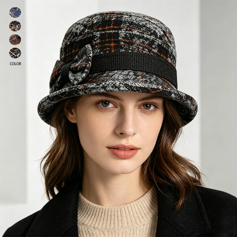 Women Vintage Plaid Fisherman Hat Bucket Hat with Bow Autumn Winter Warm Hat Elegant Short Brim Cap for Daily Party Outdoor