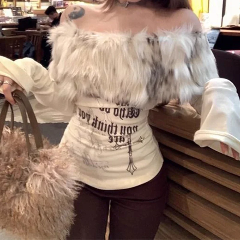 Off-the-shoulder bottoming shirt T-shirt women\'s autumn and winter design sense printing fashion word collar long-sleeved shirt