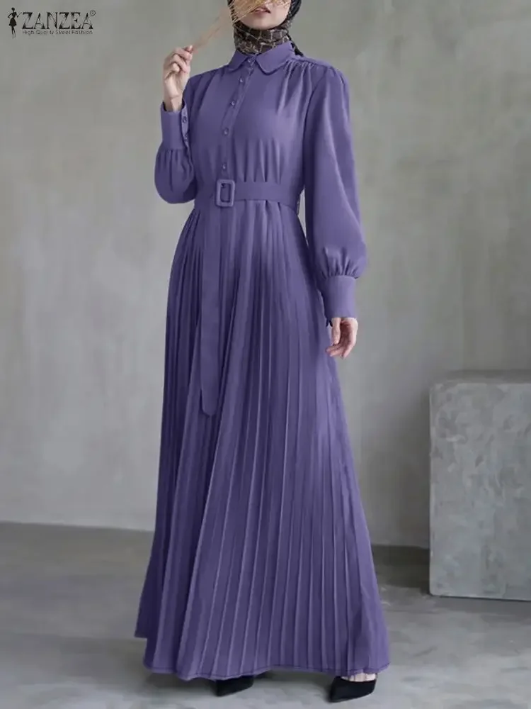 

Fashion Autumn Muslimn Abaya Dress ZANZEA Women Dresses 2025 Elegant Lapel Long Sleeve Pleated Sundress Hijab Long Robe Femme