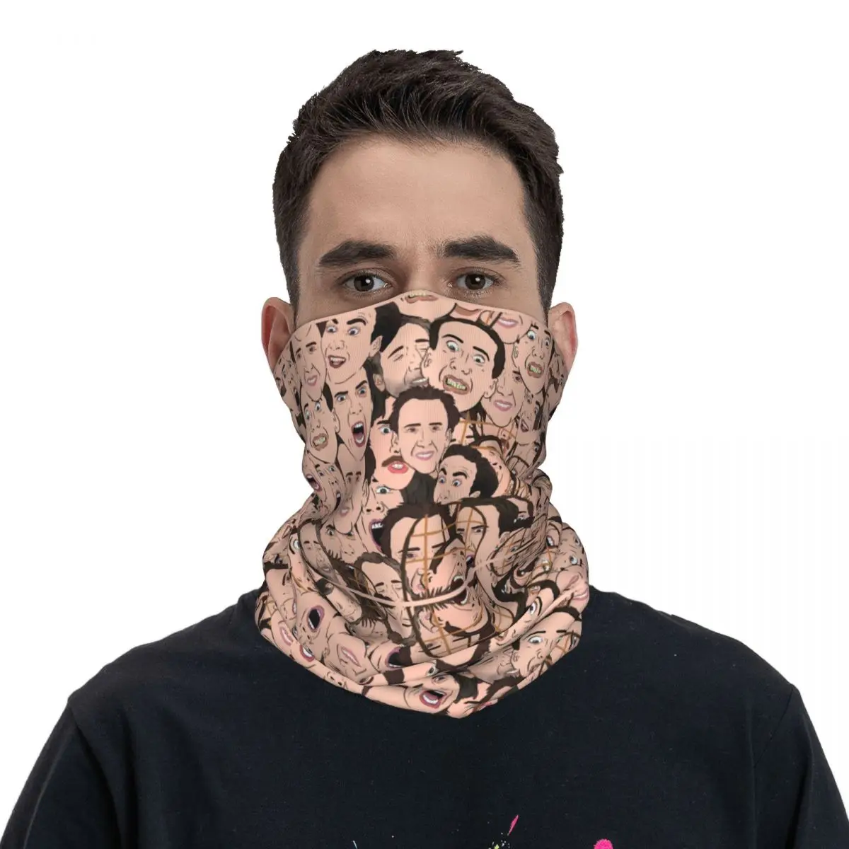 カスタムニコラス・ケイジ柄バンダナウィンターネックウォーマー、メンズ防風フェイススカーフ、スキー用面白いミーム柄ゲイターヘッドバンド